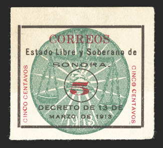 338, 1913 5c Black and red with green seal, without gum as issued, brilliant colors on fresh paper, attractively centered, very fine a choice example of this scarce stamp 2011
Mepsi certificate.