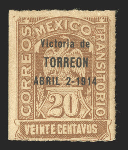 367, 1914 20c Yellow brown, Victoria de TORREON... overprint, usual centering for this (Scott prices it with design close to or touching the perfs.), strong color, o.g., never
hinged, fine certified examples of this stamp are rarely offered
