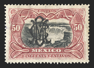 454, 1915 50c Carmine and black issue of 1903, with Villa monogram overprint, well centered, rich colors, o.g., never hinged, very fine an incredibly rare stamp, being the
first such example we have ever offered in our auctions listed but