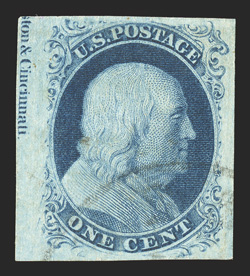 8, 1c Blue, Ty. III, position 61L4, a magnificent quality partial imprint single of this rare stamp, quite likely being one of the finest existing imprint examples of a Type III
stamp from Plate 4, showing unusually wide breaks both at t