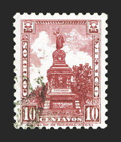 735B, 1934-37 10c Brown lake, perf. 10½, with fiscal watermark, deeply rich color, lightly cancelled, very fine this is the rarest 20th century stamp of Mexico and one of the
major rarities in all of Mexican philately, with only five or six g