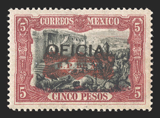 O112, 1916 5P Carmine and black official, a remarkably choice mint example of this official rarity, being flawlessly centered and with deeply rich colors, full original gum
that is never hinged, extremely fine certainly one of the finest,