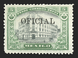 O144, 1921 5P Green and black official, rich colors, o.g., never hinged, a fine example of this very scarce official 2011 Mepsi certificate.