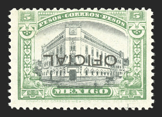 O193a, 1927 5p Green and black, with inverted Oficial overprint, bright colors, o.g., never hinged, fine a rare error that is listed but not priced in Scott 2011 Mepsi
certificate.