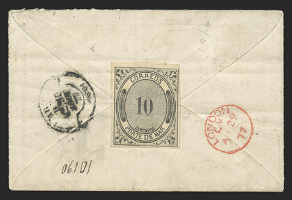 JX10, 1875 10c Porte de Mar, four margin example on back of 1877 cover sent to Paris, 1874-77 25c Blue tied by c.d.s. postmark, appropriate transit and receiver markings, cover
opened for display, fine.