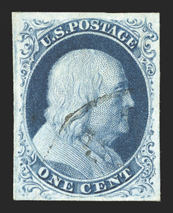 8A, 1c Blue, Ty. IIIa, position 72L4, an incredibly choice used example, showing a huge break in the top label, boasting absolutely perfectly balanced and large margins all
around, in addition this stamp features a truly prooflike impression and