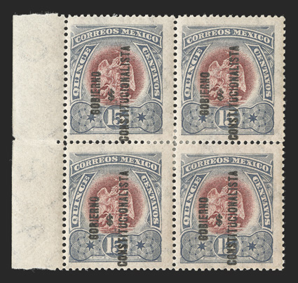 421, 1914 15c Lavender and claret, with Gobeirno Constitucionalista overprint, left sheet-margin block of four, attractive colors, o.g., small central h.r., a few perf.
separations, very fine a rare block 2011 Mepsi certificate.