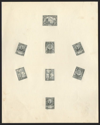 658 var.-665 var., 1926 2c-1P Pan-American Postal Congress, composite proof sheet in black, impressions of all eight values arranged on an 8½x11 sheet of paper, which were made
for delegates to the 1929 Universal Postal Congress in London, a few