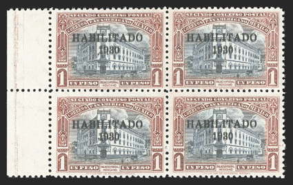 674a, 1930 1P Red brown and blue, with Habilitado1930 overprint doubled, left sheet-margin block of four, exceptionally fresh, o.g., never hinged, fine-very fine 2011 Mepsi
certificate.