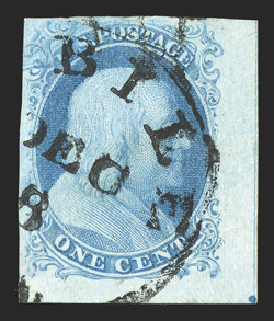 7, 1c Blue, Ty. II, position 100L1E, an impressive bottom right corner straddle-pane margin and centerline single, also showing the guide dot in the far bottom right corner of
the sheet margin, large to huge margins all around, distinctive b