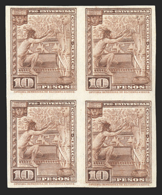 706TC, 1934 10P University, trial color printing in Brown, imperforate, block of four, o.g., never hinged, very fine an exceedingly rare trial color printing from this popular
series, only a tiny number are known.