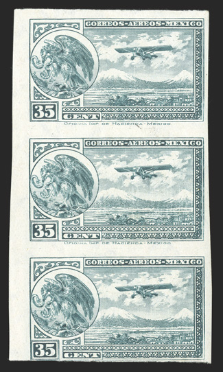 C15a, 1929 35c Blue green air post, imperforate, left margin vertical strip of three, bright and fresh, o.g., trivial h.r.s, very fine cataloged as a pair.