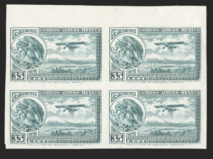 C15a, 1929 35c Blue green air post, imperforate, top margin block of four, other margins also quite large, exceptionally fresh, o.g., small paper remnant at top affects the top
left stamp, others are never hinged, very fine a rare showpiece.