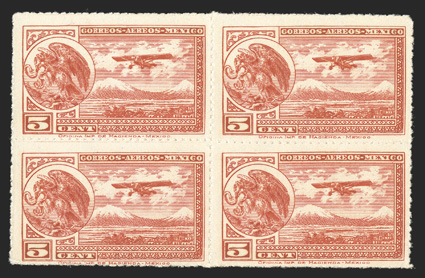 C20 var., 1932 5c Rouletted air post, trial colors, lot of four blocks of four, each in a different shade of orange or yellow, bright and fresh, o.g., most stamps never hinged,
fine-very fine.