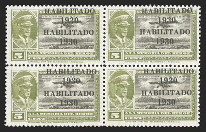C29a, 1930 5c Olive green and sepia, with Habilitado1930 overprint doubled, bright and fresh, o.g., never hinged, very fine few blocks can exist as only 50 were printed with
the double overprint each signed Ruidiaz.
