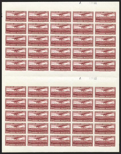 C37a, 1931 25c Lake air post, imperforate, full sheet of 50 with horizontal gutter between the two panes of 25, o.g., n.h., gum skip affects two stamps, folded in the gutter,
very fine cataloged as 24 pairs.