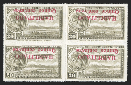 C39a, 1931 15c on 20c Brown olive air post, inverted surcharge, mint block of four, fresh color, o.g., never hinged, very fine only 50 such errors were printed cataloged as
four hinged singles.