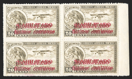 C39b, 1931 15c on 20c Brown olive air post, double surcharge, right margin block of four, each stamp with two full distinct surcharges, o.g., never hinged, very fine only 50
stamps were printed with the double surcharge cataloged as four hinge