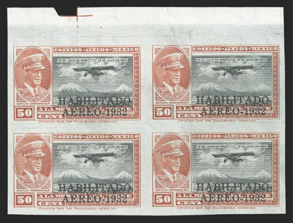 C40a-44a, 1932 5c-50c Air post with HabilitadoAereo-1932 overprint, imperforate, each in a top margin block of four with guide marker at top, large margins, fresh, o.g., each
lightly hinged in the sheet margin only, leaving all stamps never h