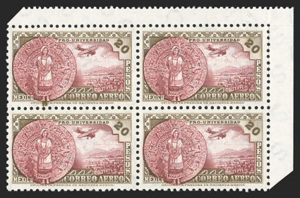 C54-61, 1934 20c-20P National University air posts cplt. in blocks of four, with some being marginal blocks, fresh and generally well centered, o.g., lightly hinged, a very
fine set of blocks of this always popular set.