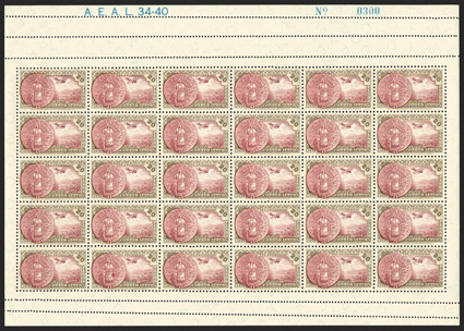698-706, C54-61, RA13B, 1934 1c-20P National University cplt. including postage, air posts and the postal tax stamp, an amazing holding of 100 sets, the postage centavo values
being in full sheets of 100 divided by a gutter (folded in the gutter