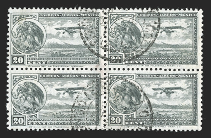 C62a, 1934 20c Slate error of color, used block of four, fresh color, light c.d.s. cancels and a small violet marking in the center, top right stamp with trivial small paper
wrinkle, very fine only 180 examples of the 20c stamp were mistakenly