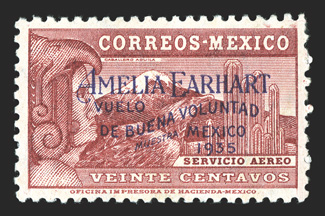 C74S, 1935 20c Amelia Earhart, with Muestra overprint, another example, nicely centered, o.g., lightly hinged, very fine 2011 Mepsi certificate.