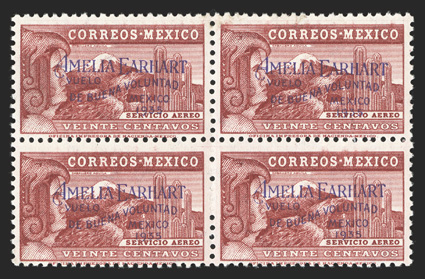 C74, 1935 20c Amelia Earhart, an incredibly rare mint block of four, deep vibrant color, o.g., top stamps lightly hinged, bottom stamps never hinged, fine with only 300 stamps
issued, it is doubtful that more than two or three blocks exist 201