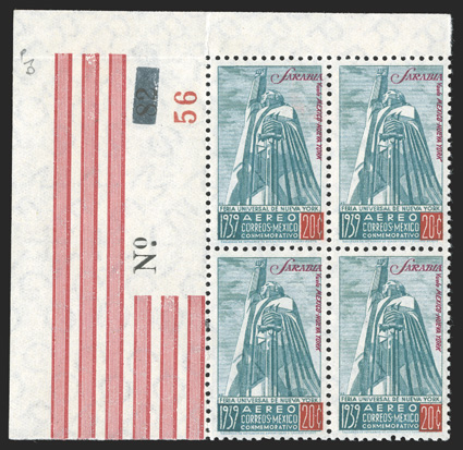 C93A, 1939 20c Sarabia air post, striking top left corner control No. 56 margin block of four, well centered and exceedingly fresh, o.g., n.h., extremely
fine.