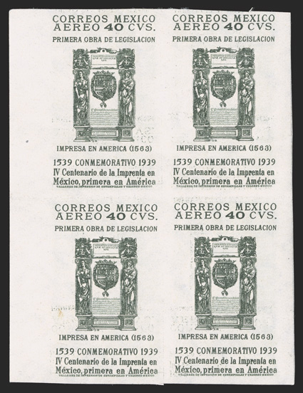 C98a, 1939 40c Slate green air post, imperforate, left margin block of four, fresh color, o.g., n.h., horizontal crease between stamps, another light crease in the bottom pair,
bottom left stamp with small spot on face, the top pair is very fine