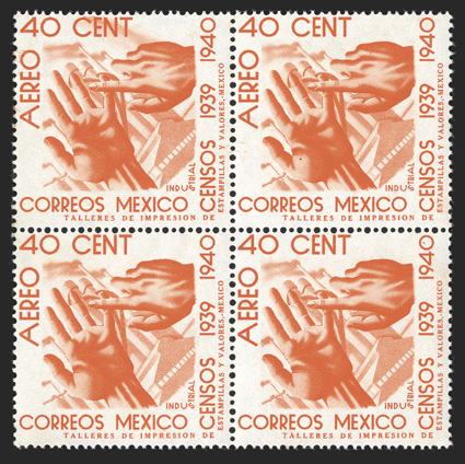 C101 var., 1939 40c Orange, unwatermarked, block of four, vibrant color, o.g., n.h., fine-very fine a scarce variety that is not listed in Scott but is listed in
Sanabria.