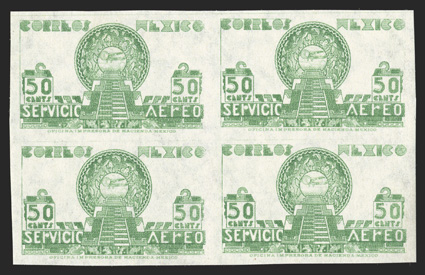C175a, 1947 50c Green air post, imperforate, block of four, large margins all around, bright and fresh, o.g., n.h. (gum a little streaky as always on these), very fine only two
sheets (thirty pairs) were issued imperforate.