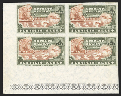 C176a, 1947 1P Gray green and red brown air post, imperforate, handsome bottom left corner margin block of four, exceptionally fresh, large margins, o.g., n.h., extremely fine
a showpiece error block, of which only two sheets (thirty pairs) wer