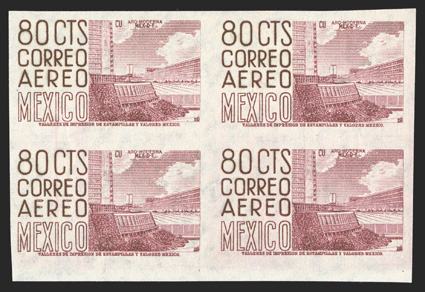 C191b, 192a, 194a, 1950-52 35c, 40c and 80c Air posts, imperforate, each in a block of four, large margins and bright colors, o.g., n.h., 40c with gum streak affecting two
stamps, very fine only 60 (30 pairs) of each were issued imperforate and