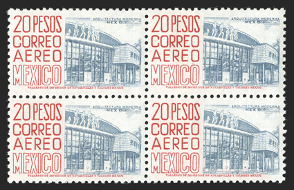 C198a, 1953 20P Carmine and blue gray air post, Type II, mint block of four, nicely centered, bright, o.g., n.h., very fine.