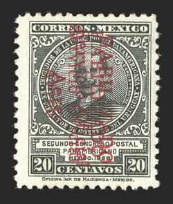 CO7 var., 1929 20c Black air post official, double overprint, mint single with two distinct overprints, o.g., lightly hinged, very fine according to the Sanabria catalog only
four copies are known with the double overprint signed Ruidiaz.