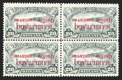 CO16a, 1931 15c on 20c Air post official, inverted surcharge, block of four, o.g., n.h. (small spot on gum of bottom right stamp), very fine only one sheet of 50 stamps was
printed with the surcharge inverted each signed Ruidiaz cataloged as
