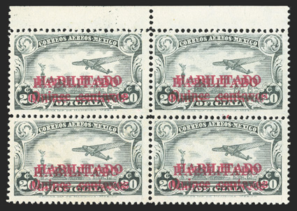 CO16b, 1931 15c on 20c Air post official, double surcharge, top margin block of four, with two distinct surcharges, fresh color, o.g., top left stamp lightly hinged, other
three stamps never hinged, fine-very fine only one sheet of 50 was print