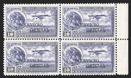 CO30, 1934 10c Violet air post official, perf. 12, right margin block of four, brilliantly rich color on fresh paper, well centered, o.g., never hinged (bottom right stamp with
small natural gum wrinkle), very fine undercataloged, as only 240 w