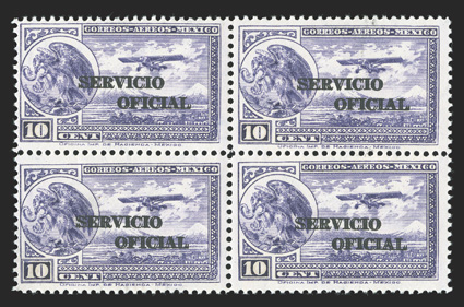 CO30a, 1934 10c Violet air post official, perf. 12, double overprint, mint block of four, with the two overprints equally strong and spaced about 1mm apart, centered to the
left as are all examples of this error, vibrant color, o.g., top stamps