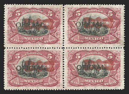 O101, 1916 5P Carmine and black official, an extraordinarily rare mint block of four, well centered and with vibrant colors, o.g., lightly hinged, top left stamp with mild
crease, otherwise very fine 2011 Mepsi certificate.