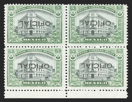 O193a, 1927 5p Green and black, with inverted Oficial overprint, bottom sheet-margin block of four, centered to the top as usual, wonderfully fresh, o.g., never hinged, fine a
rare error block 2011 Mepsi certificate.
