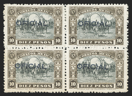 O194, 1927 10P Black brown and black official, mint block of four, strong rich colors, o.g., top stamps h.r., bottom stamps never hinged, fine-very fine 2011 Mepsi
certificate.