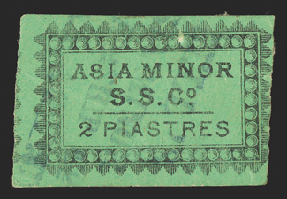 Michel IV, 1868 2p Asia Minor Steam Ship Co. Black on green, three large margins, just in at right, strong impression on bright paper color, light blue company handstamp
cancel, part of the original envelope still adheres to the back, small adhe