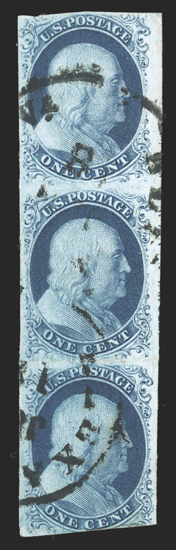 8, 8A, 1c Blue, Ty. III and Ty. IIIa, positions 405060R4, an extremely rare vertical mixed combination partial imprint strip of three, the top stamp being Ty. III, while the
other two are Ty. IIIa, displaying just a bit of the imprint in t