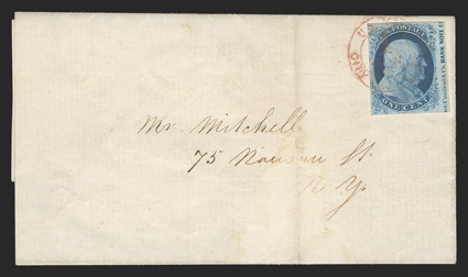 8A, 1c Blue, Ty. IIIa, position 60R4, an extremely rare right sheet-margin imprint single, showing a large portion of the ter, Casilear & Co., BANK NOTE E imprint, margins range
from mostly very large to just barely touching, gorgeous inte