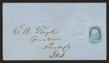 7, 1c Blue, Ty. II, pretty single with four large margins and pastel plate 1 early color, just tied to neat and attractive folded circular by scarce boxed 1 ct carrier rate
handstamp of St. Louis, printed circular was produced in blue and