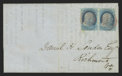 7, 1c Blue, Ty. II, two choice singles from plate 1 early, one with four very large margins, other with three large margins, both with bright fresh color and strong impressions,
tied to folded printed circular datelined New York, July, 1851 by