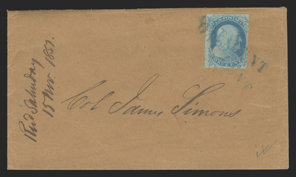 7, 1c Blue, Ty. II, three large margins, fourth at right just touching, bright color, tied to 1857 (1115) drop letter cover from Charleston, S.C. by two strikes of the scarce
blue ONE CENT straightline handstamp, very fine ex-Hass, Cip
