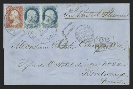 7, 1c Blue, Ty. II and 3c Dull red, Ty. II, a horizontal pair of the former and a single of the latter, both with mostly large margins, tied by clear New Orleans, La.Mar 30,
1857 c.d.s. to blue folded letter to Bordeaux, France, Boston8
